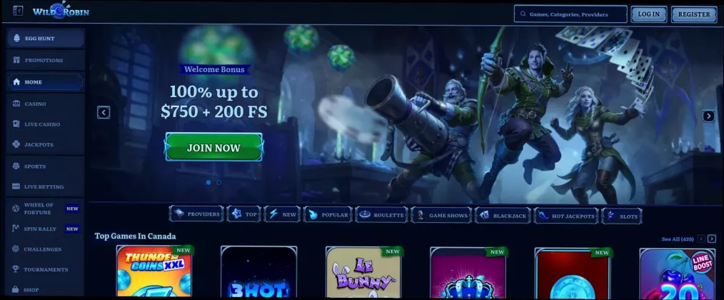 Wild Robin casino 100% up to 750 CAD + 200 Free Spins welcome bonus